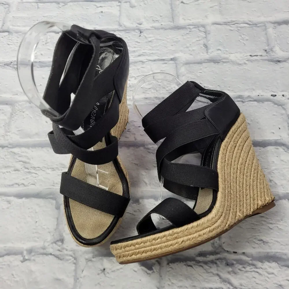 Jean-Michel Cazabat Black Espadrille Wedges with Jute Trim size 39.5